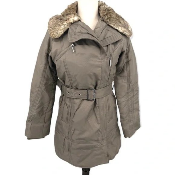 Steve Madden Jackets & Blazers - Steve Madden Taupe Puffer Down Belted Faux Fur Trim Parka Coat Size Small